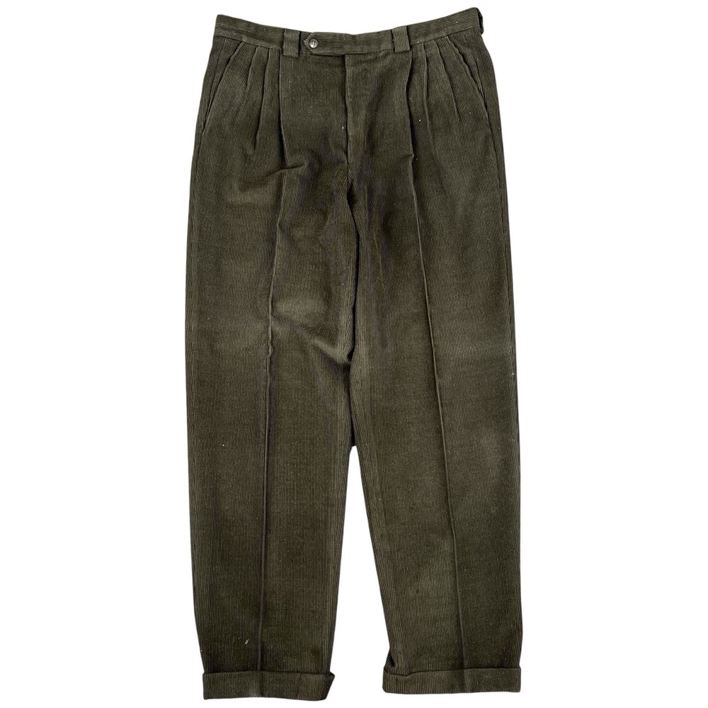 Vintage Pleated Corduroy Wool Pants Green Baggy Straight Leg Men's 37x33 Cuffed
